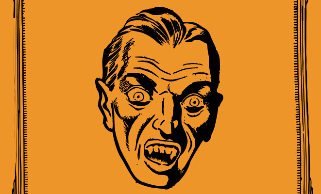 black illustration of a vampire head on an orange background